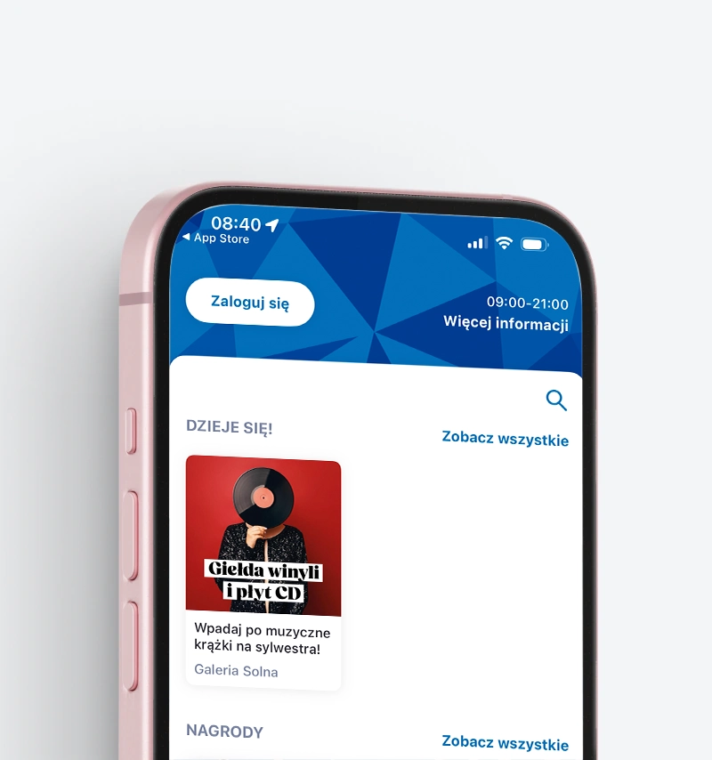 Wizualizacja telefonu typu iphone z ekranem otwartej aplikacji mobilnej Galerii Solnej, w której widać w którym widać stronę główną aplikacji informującej o logowaniu, czy najbliższych wydarzeniach.