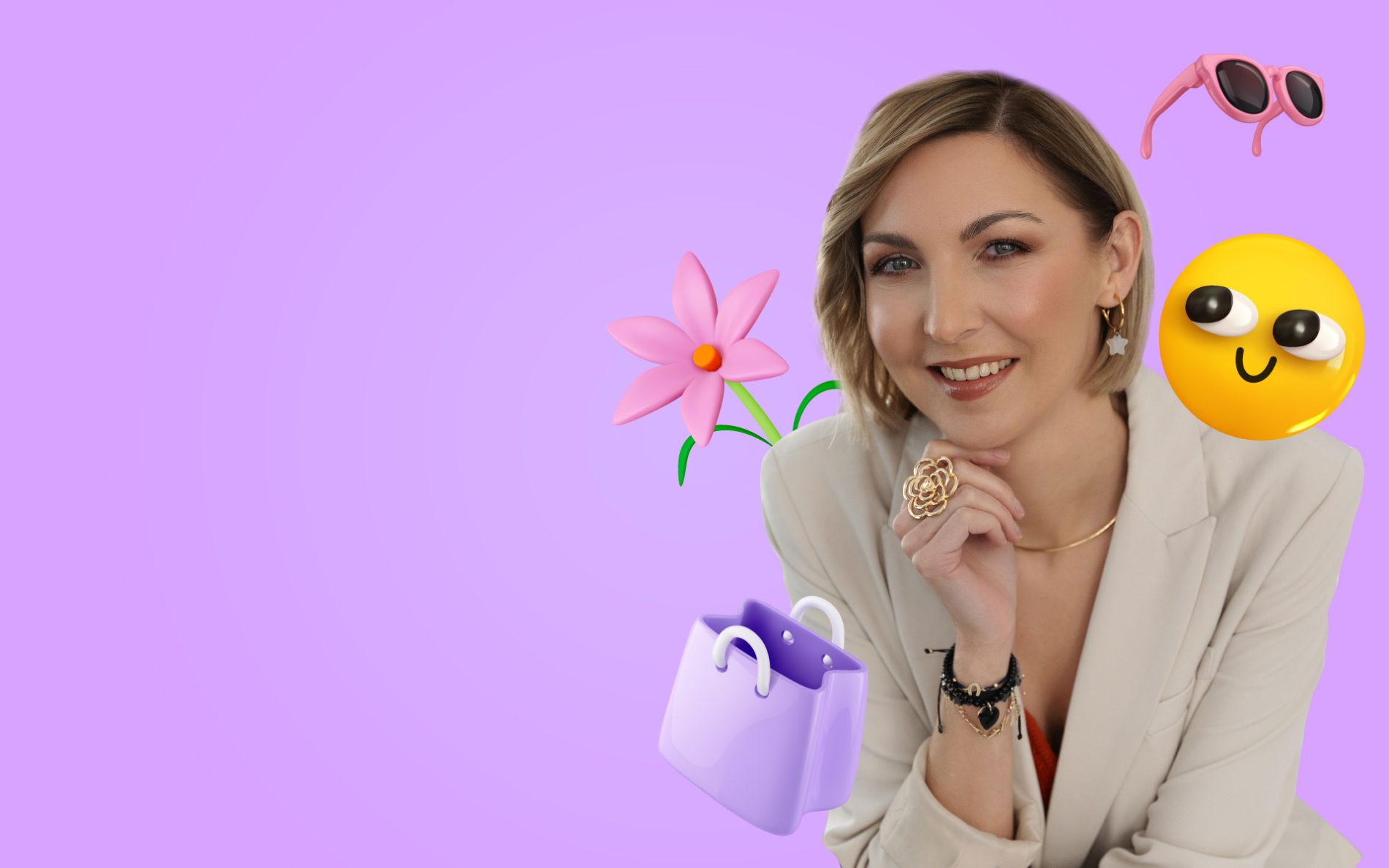 Grafika przedstawia kobietę - stylistkę wrąc z różnymi elementami graficznymi i emotikonami na różowym tle