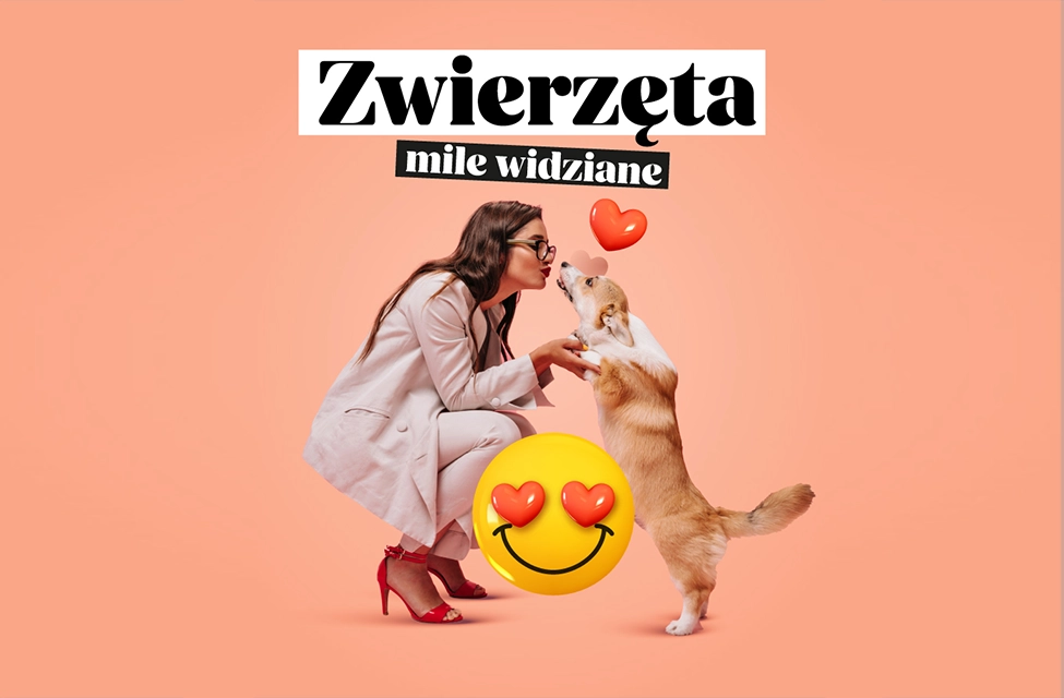 grafika przedstawiająca panią z psem, który stoi na dwóch łapach i daje buziaka.